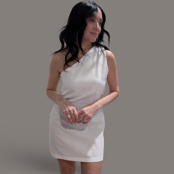 White Linen One Shoulder Mini Dress - Small - Picture 1 of 10